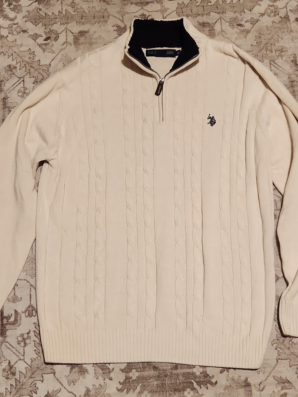 U.S. Polo Assn. Cream Cable-Knit Quarter-Zip Sweater with Navy Logo